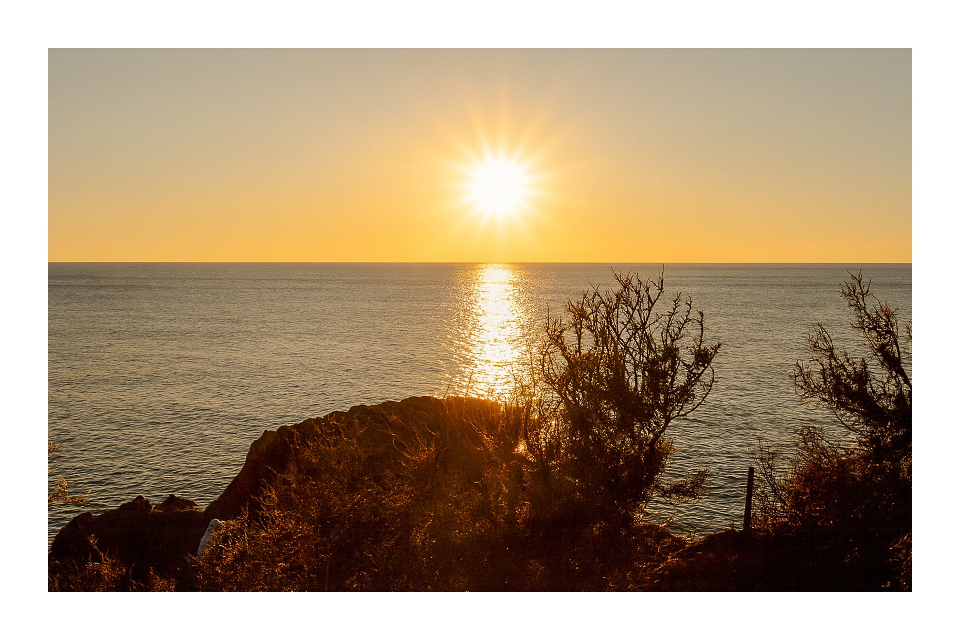 soleil bas sur la Méditerranée cadré par la végétation du littoral à Carry-le-Rouet avec bordure