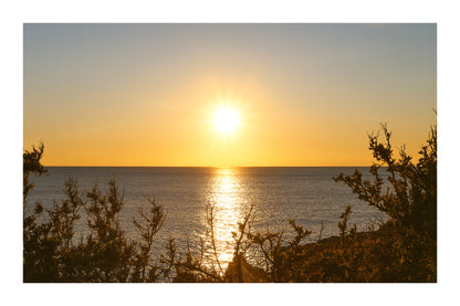 disque solaire brillant au-dessus d’une mer calme vu à travers les arbustes du rivage de Carry-le-Rouet avec bordure