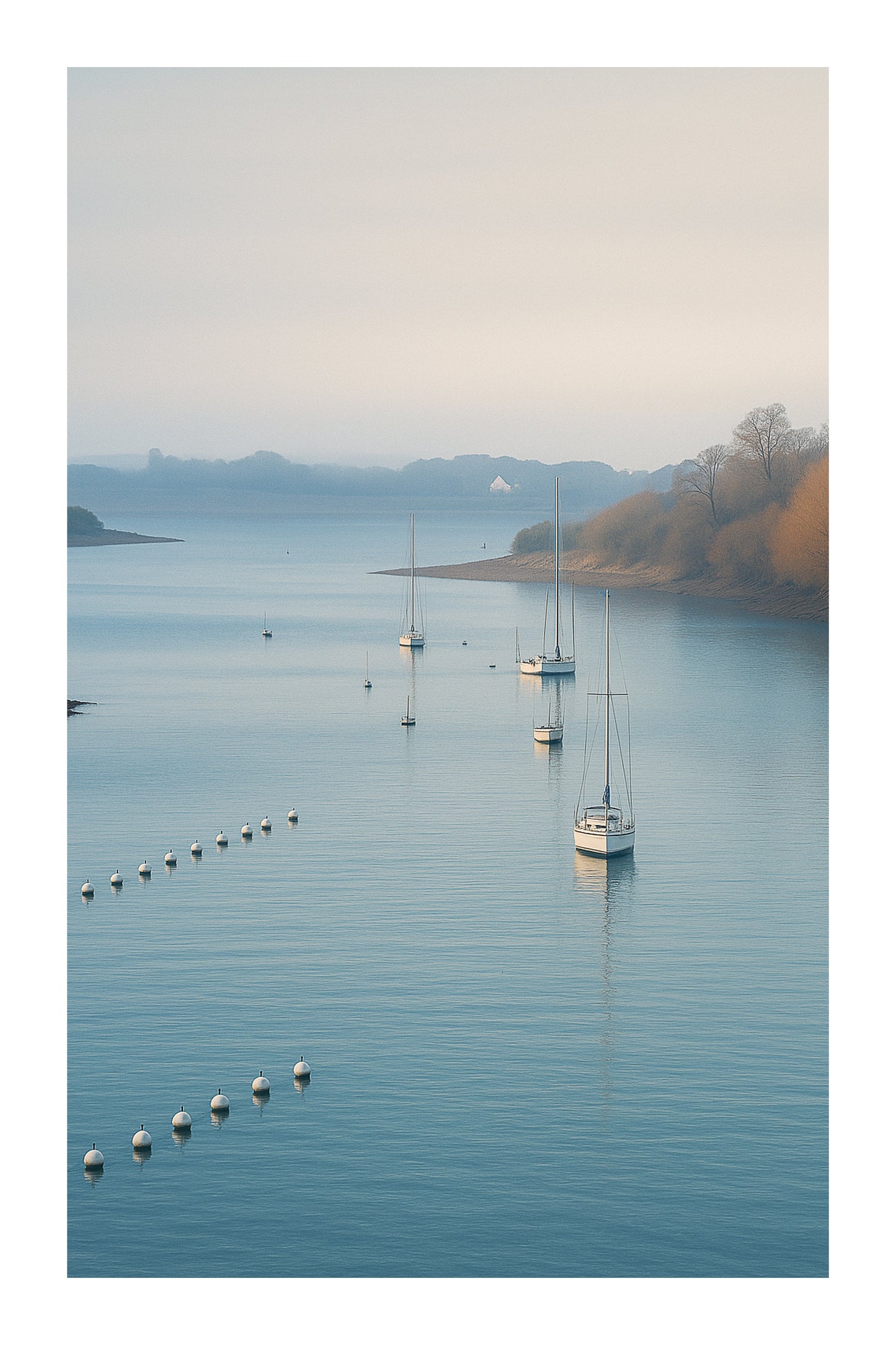 Alignement de bouées et de bateaux dessinant une courbe sur l’eau lisse d’un aber avec bordure