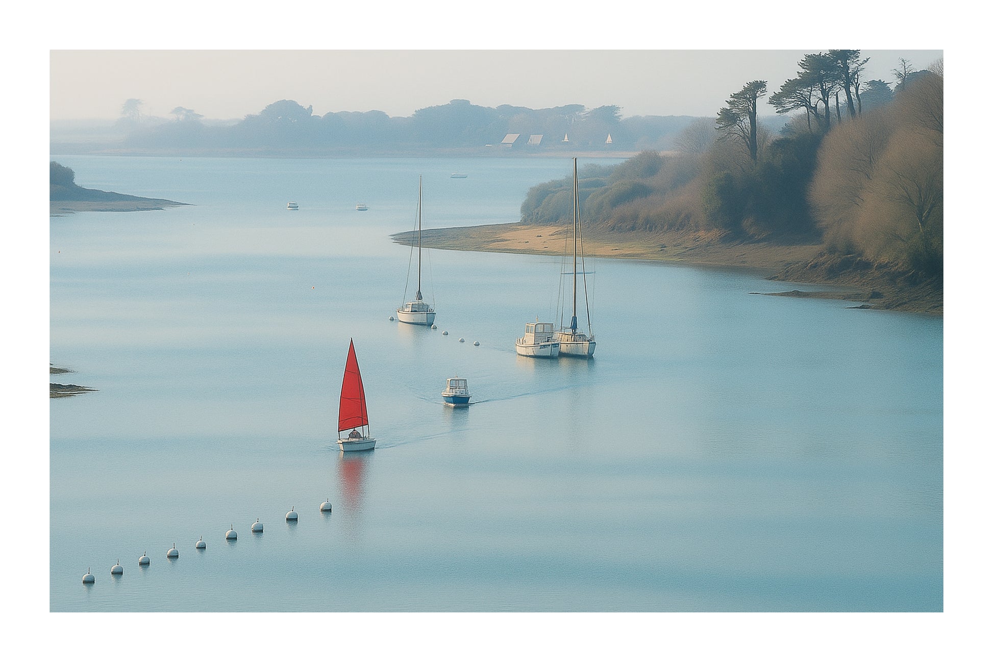 Large vue d’un estuaire breton avec une petite voile rouge et des bouées alignées avec bordure