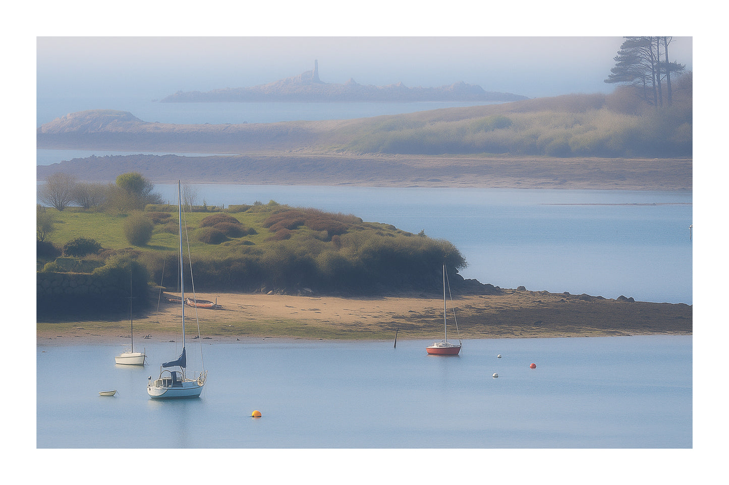 Îlots et presqu’îles en plans successifs dans une brume douce sur la côte des Abers avec bordure