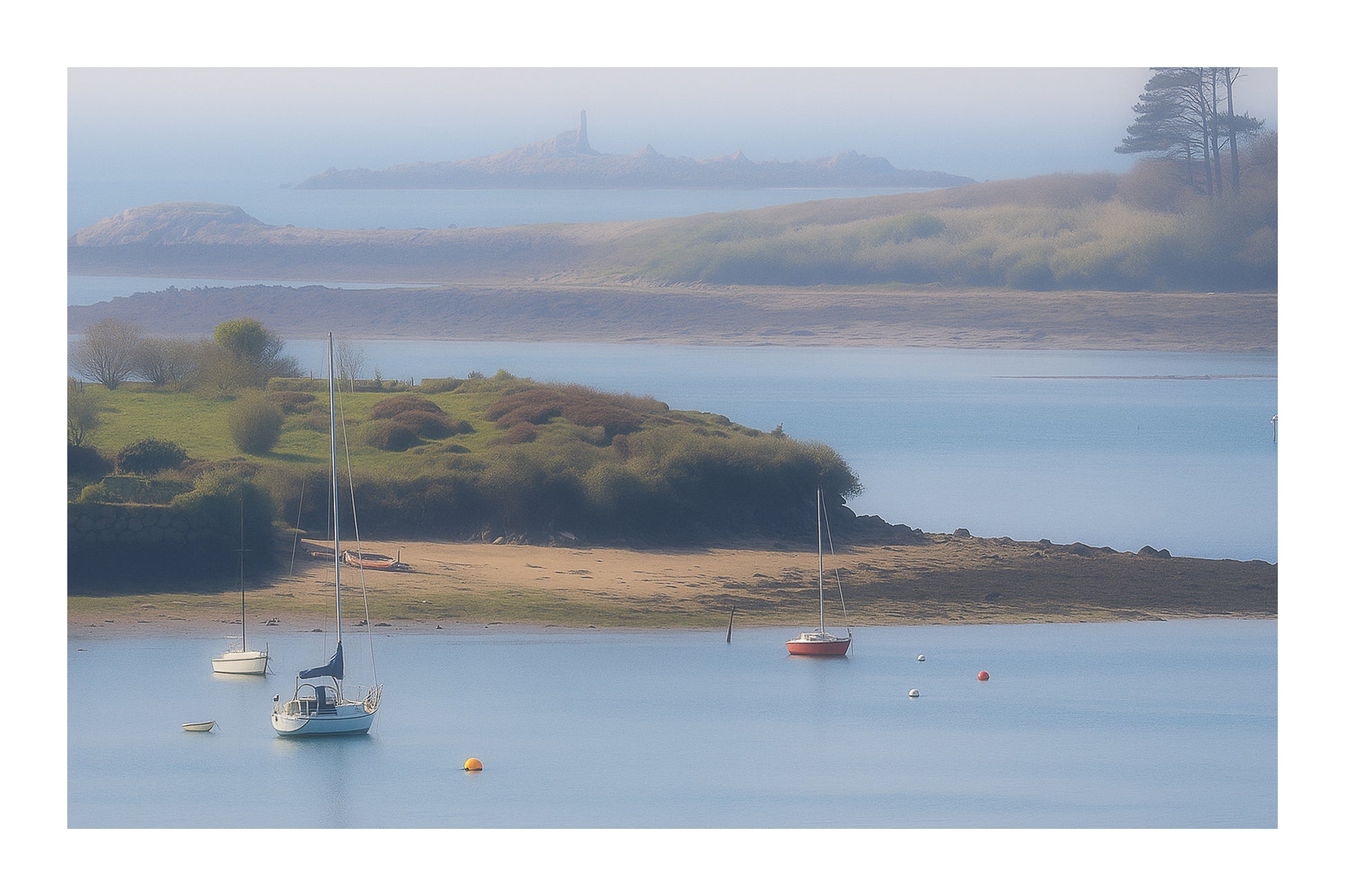Îlots et presqu’îles en plans successifs dans une brume douce sur la côte des Abers avec bordure