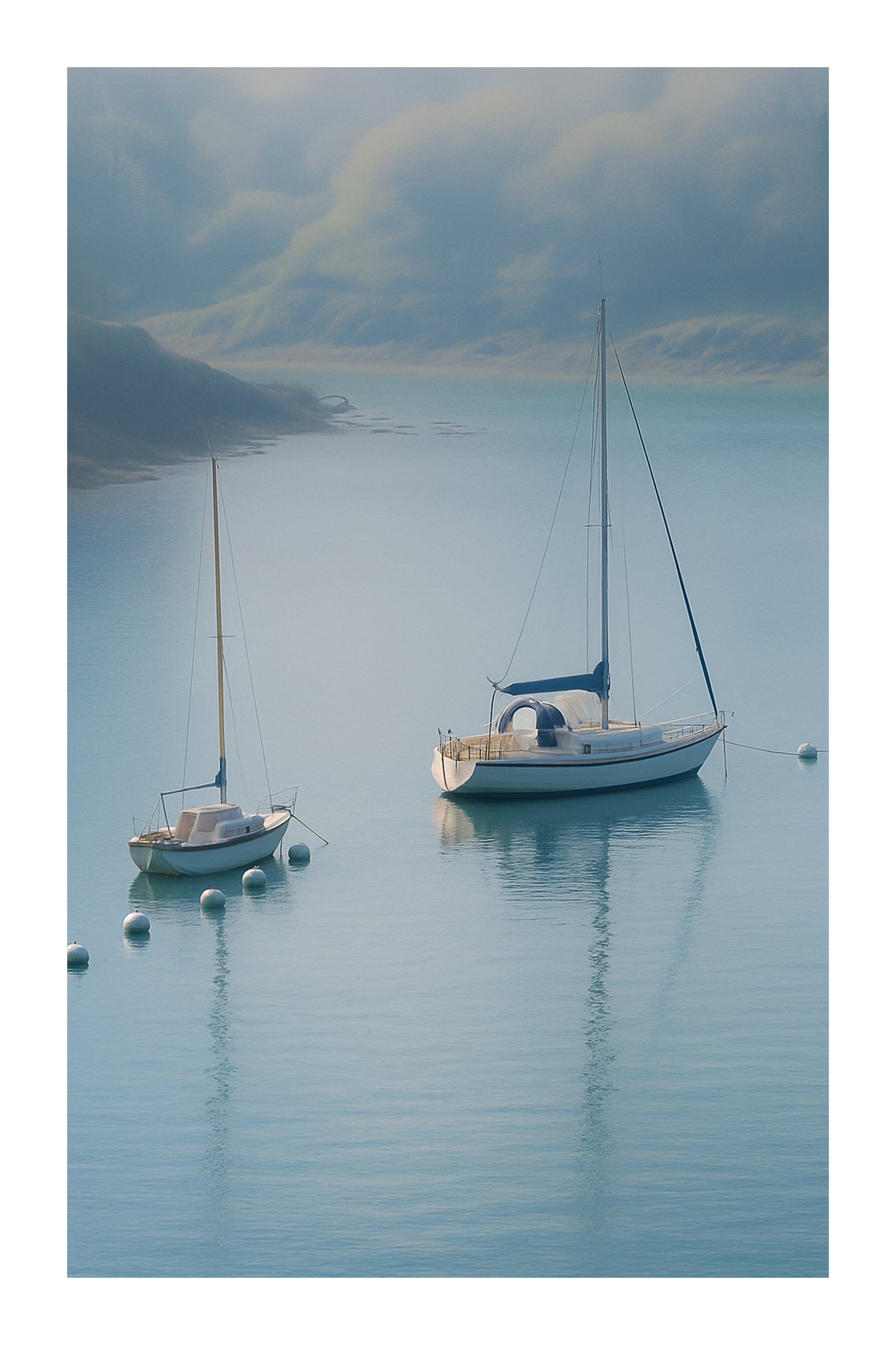 Deux voiliers immobiles dans la brume,  eau bleutée et reflets calmes, avec bordure