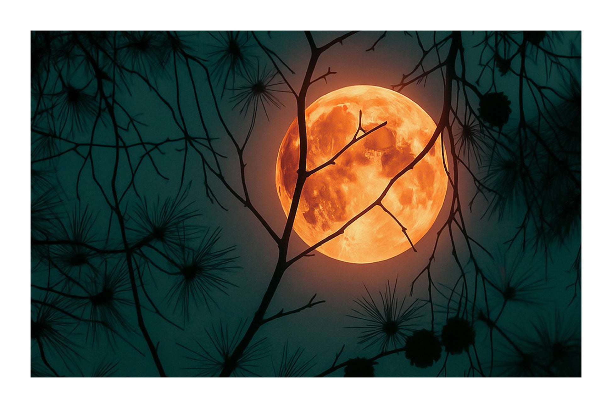 Pleine lune orangée se levant derrière les branches sombres des pins dans la pinède de Giens, photographiée un soir d’été avec bordure