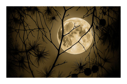 Pleine lune orangée se levant derrière les branches sombres des pins dans la pinède de Giens, photographiée un soir d’été, vintage avec bordure