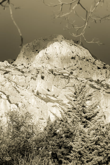 Sommet de la Sainte-Victoire encadré de branches, éclairé sur fond de ciel noir, vintage