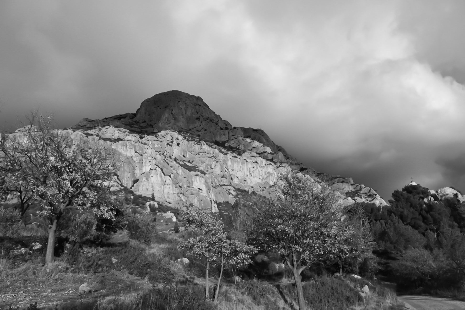 Arbres d’automne dorés devant la falaise claire de la Sainte-Victoire et un ciel gris, noir et blanc