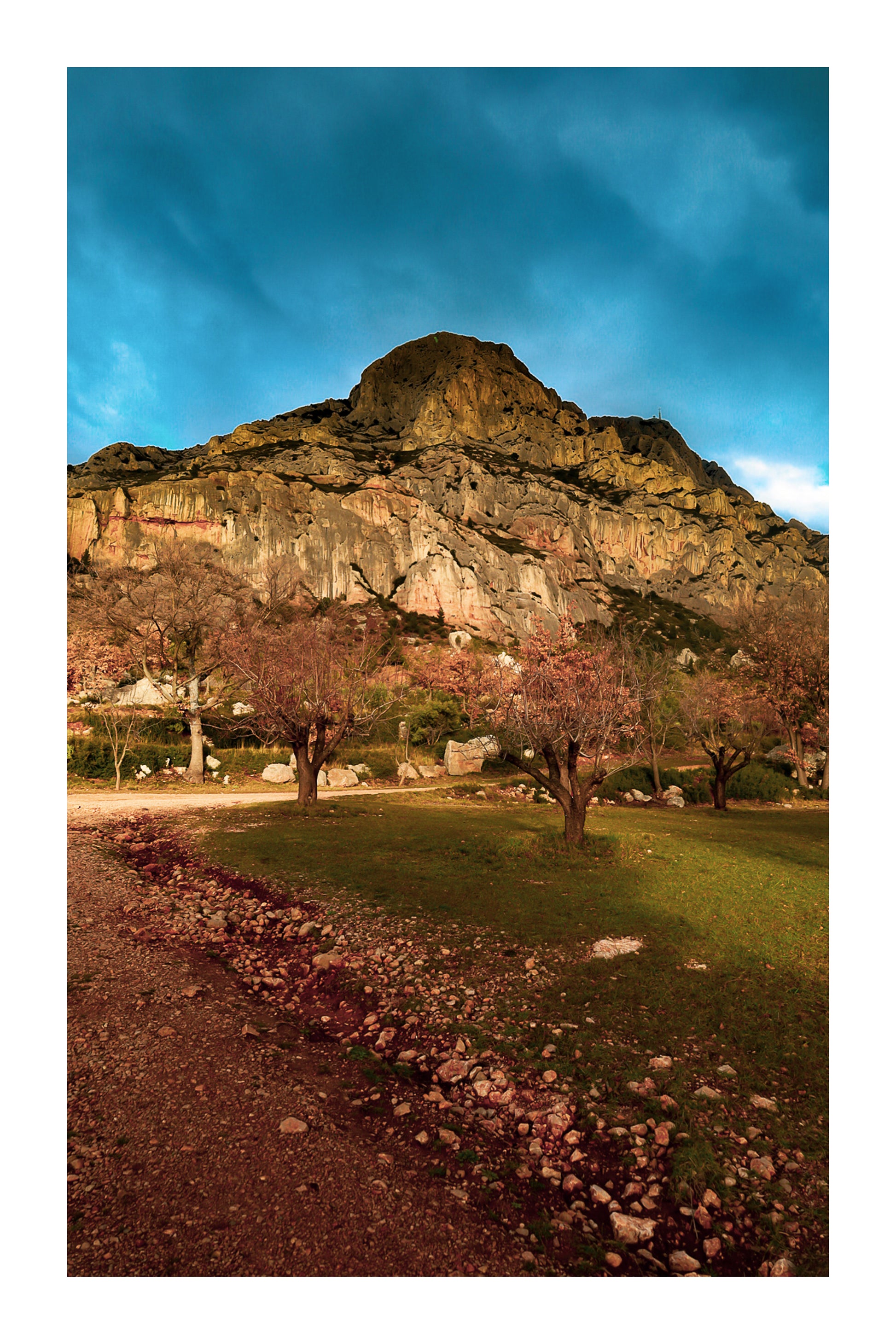 Amandiers au pied de la Sainte-Victoire illuminée par un ciel orageux bleu profond avec bordure