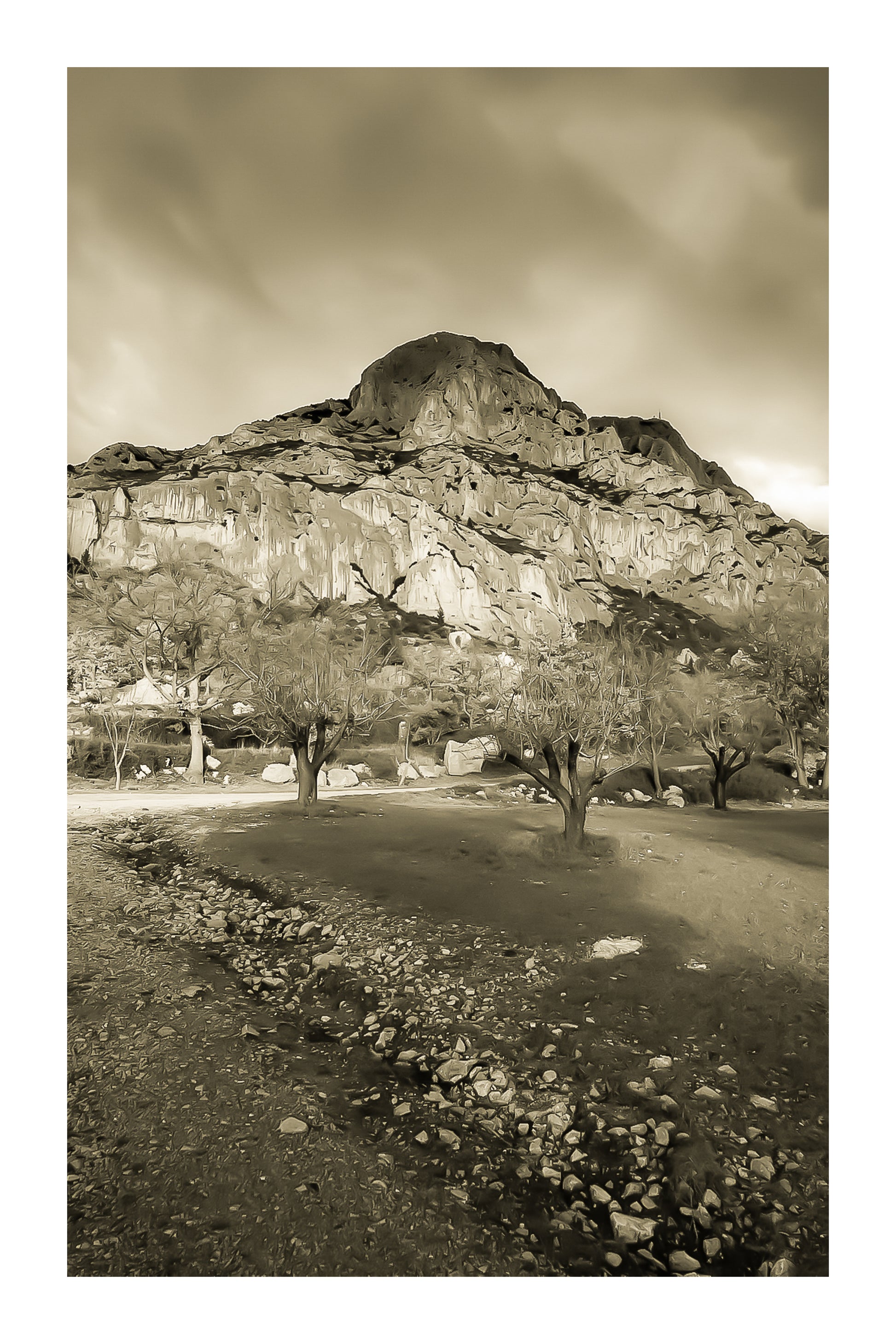 Amandiers au pied de la Sainte-Victoire illuminée par un ciel orageux bleu profond, vintage avec bordure