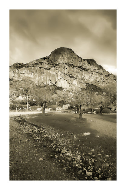 Amandiers au pied de la Sainte-Victoire illuminée par un ciel orageux bleu profond, vintage avec bordure