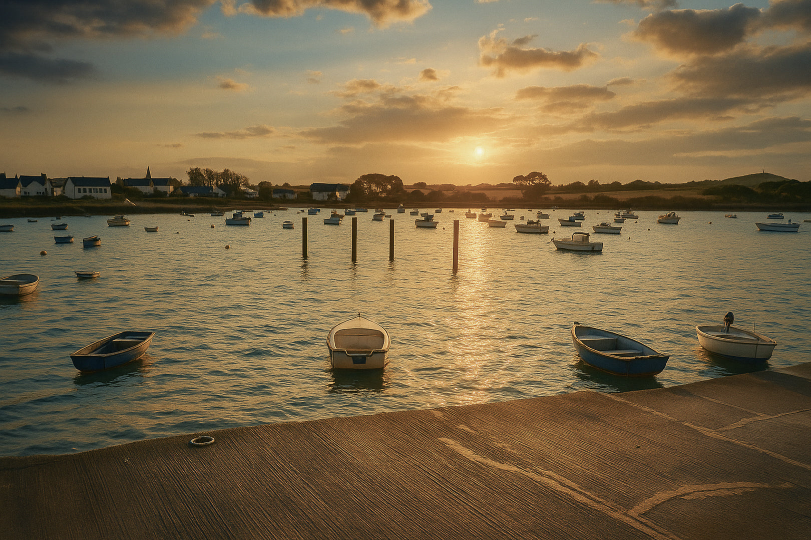 Petites embarcations alignées à Portsall, soleil rasant et rangées de bouées, reflets chauds sur l’eau tranquille