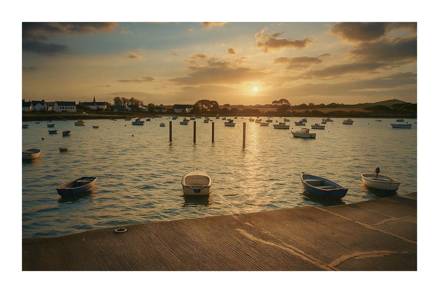 Petites embarcations alignées à Portsall, soleil rasant et rangées de bouées, reflets chauds sur l’eau tranquille avec bordure