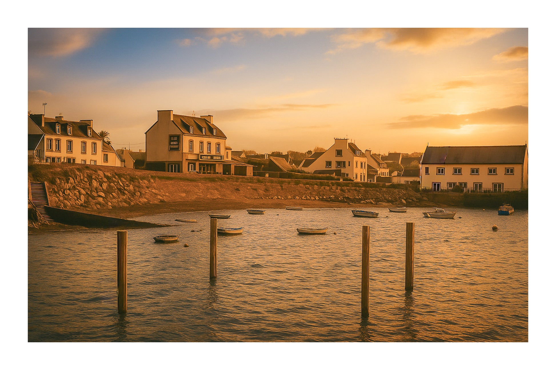 Maisons du bord de mer à Portsall baignées de lumière dorée, poteaux d’amarrage et barques dispersées sur l’anse avec bordure