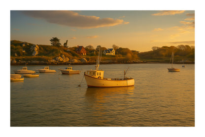Petit bateau de pêche au premier plan devant les maisons et rochers de Portsall, ciel clair et tonalités chaudes du soir avec bordure