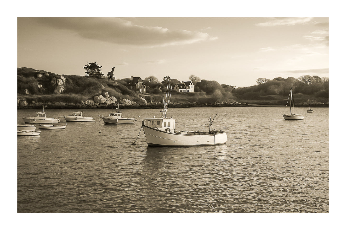 Petit bateau de pêche au premier plan devant les maisons et rochers de Portsall, ciel clair et tonalités chaudes du soir, vintage avec bordure