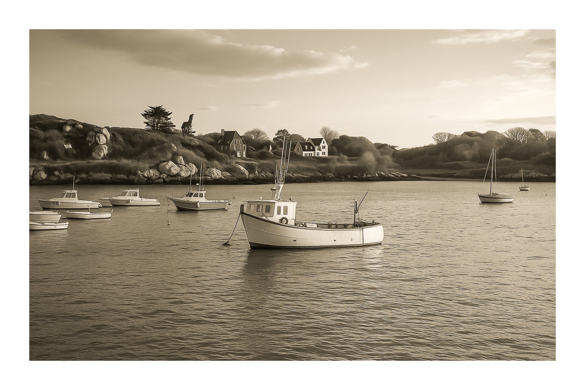 Petit bateau de pêche au premier plan devant les maisons et rochers de Portsall, ciel clair et tonalités chaudes du soir, vintage avec bordure