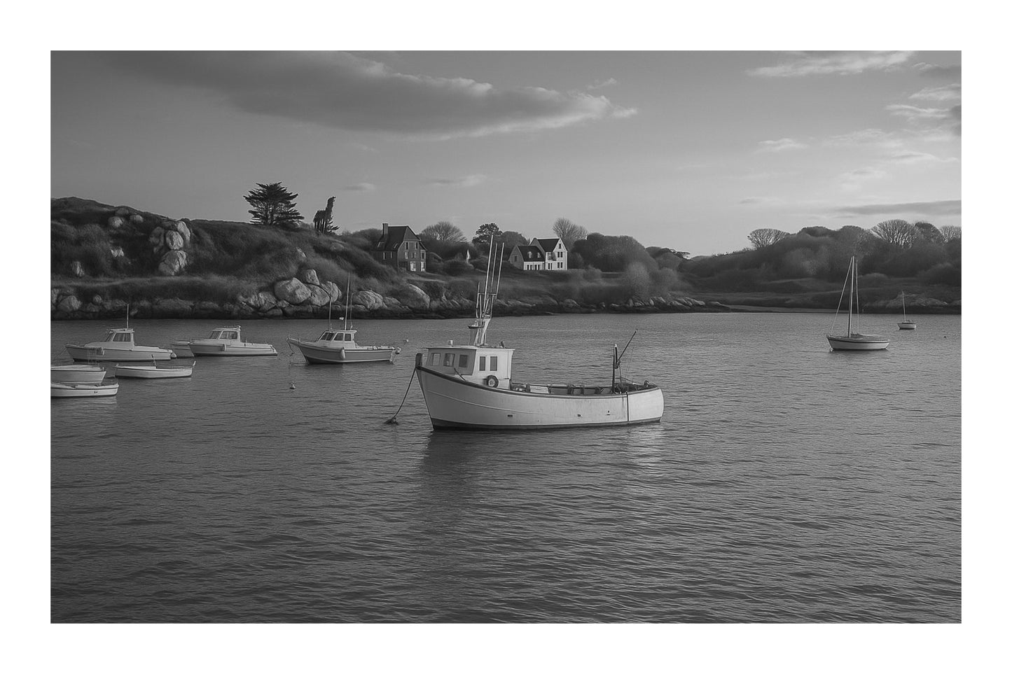 Petit bateau de pêche au premier plan devant les maisons et rochers de Portsall, ciel clair et tonalités chaudes du soir, noir et blanc avec bordure
