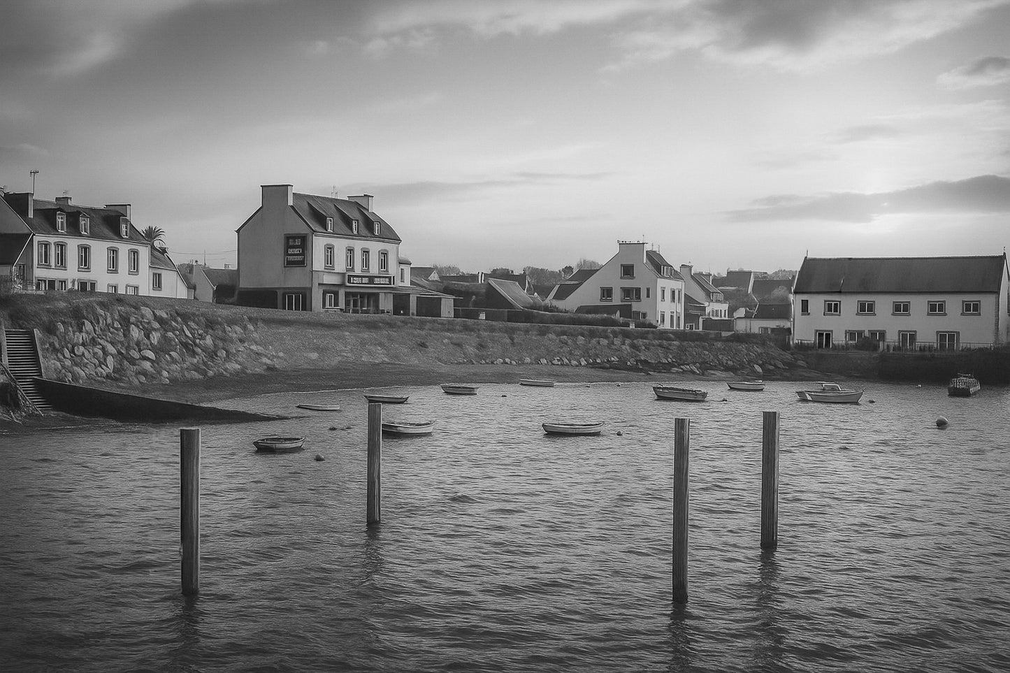 Maisons du bord de mer à Portsall baignées de lumière dorée, poteaux d’amarrage et barques dispersées sur l’anse, noir et blanc