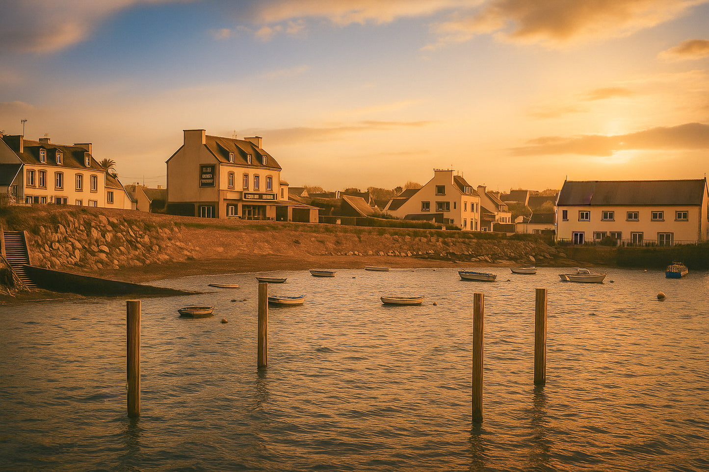 Maisons du bord de mer à Portsall baignées de lumière dorée, poteaux d’amarrage et barques dispersées sur l’anse