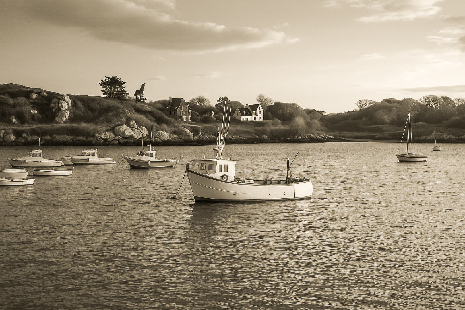 Petit bateau de pêche au premier plan devant les maisons et rochers de Portsall, ciel clair et tonalités chaudes du soir, vintage