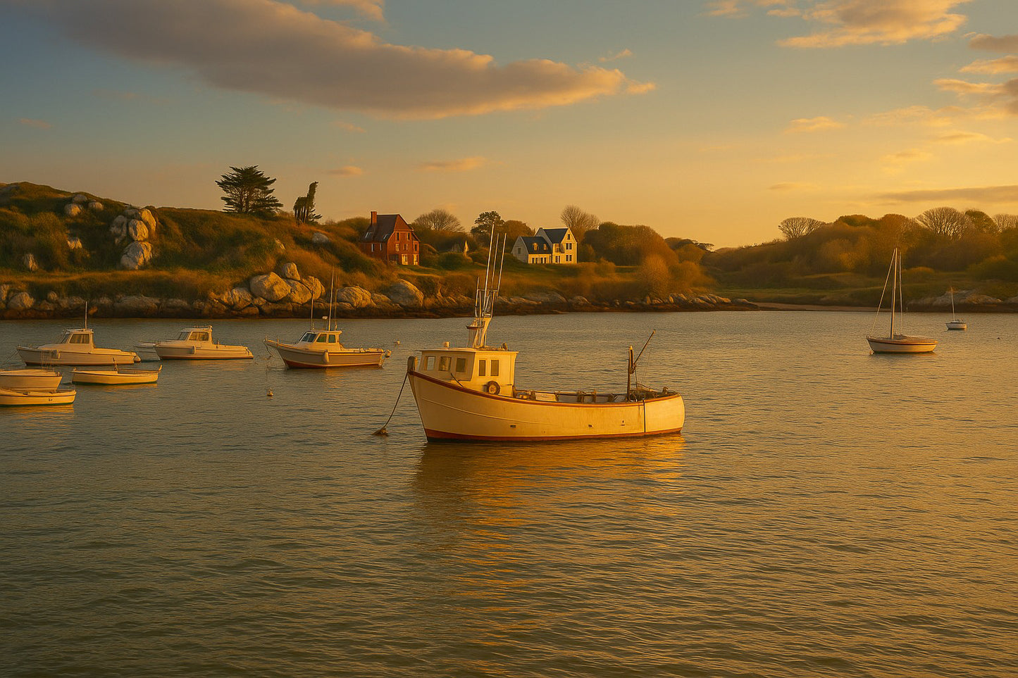 Petit bateau de pêche au premier plan devant les maisons et rochers de Portsall, ciel clair et tonalités chaudes du soir