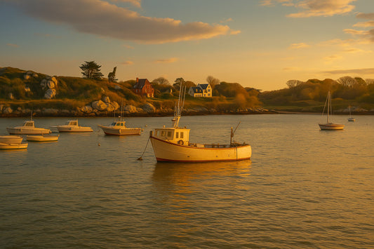 Petit bateau de pêche au premier plan devant les maisons et rochers de Portsall, ciel clair et tonalités chaudes du soir