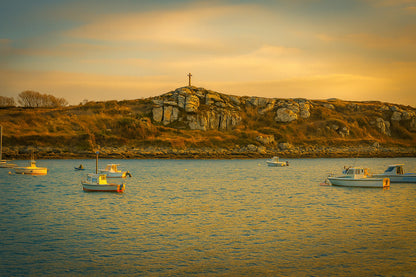 Croix dressée sur un îlot rocheux à l’entrée du port de Portsall, mer calme et bateaux épars sous un ciel doré