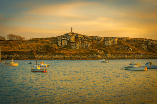 Croix dressée sur un îlot rocheux à l’entrée du port de Portsall, mer calme et bateaux épars sous un ciel doré