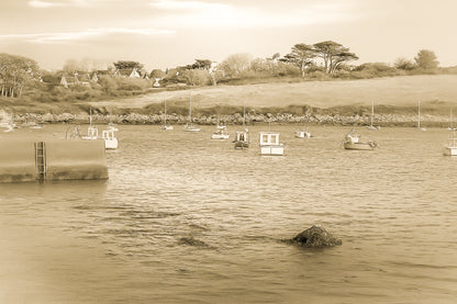 Panorama de la ria de Portsall avec nombreux bateaux au mouillage, coteau arboré en arrière-plan, lumière de fin de journée, vintage