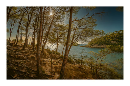 Port d’Alon, lumière dorée parmi les pins, vue sur la baie, couleur avec bordure