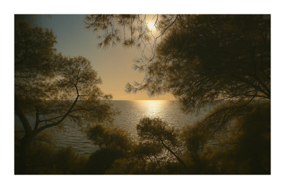 Branches de pins encadrant un soleil couchant au-dessus de la mer, avec bordure