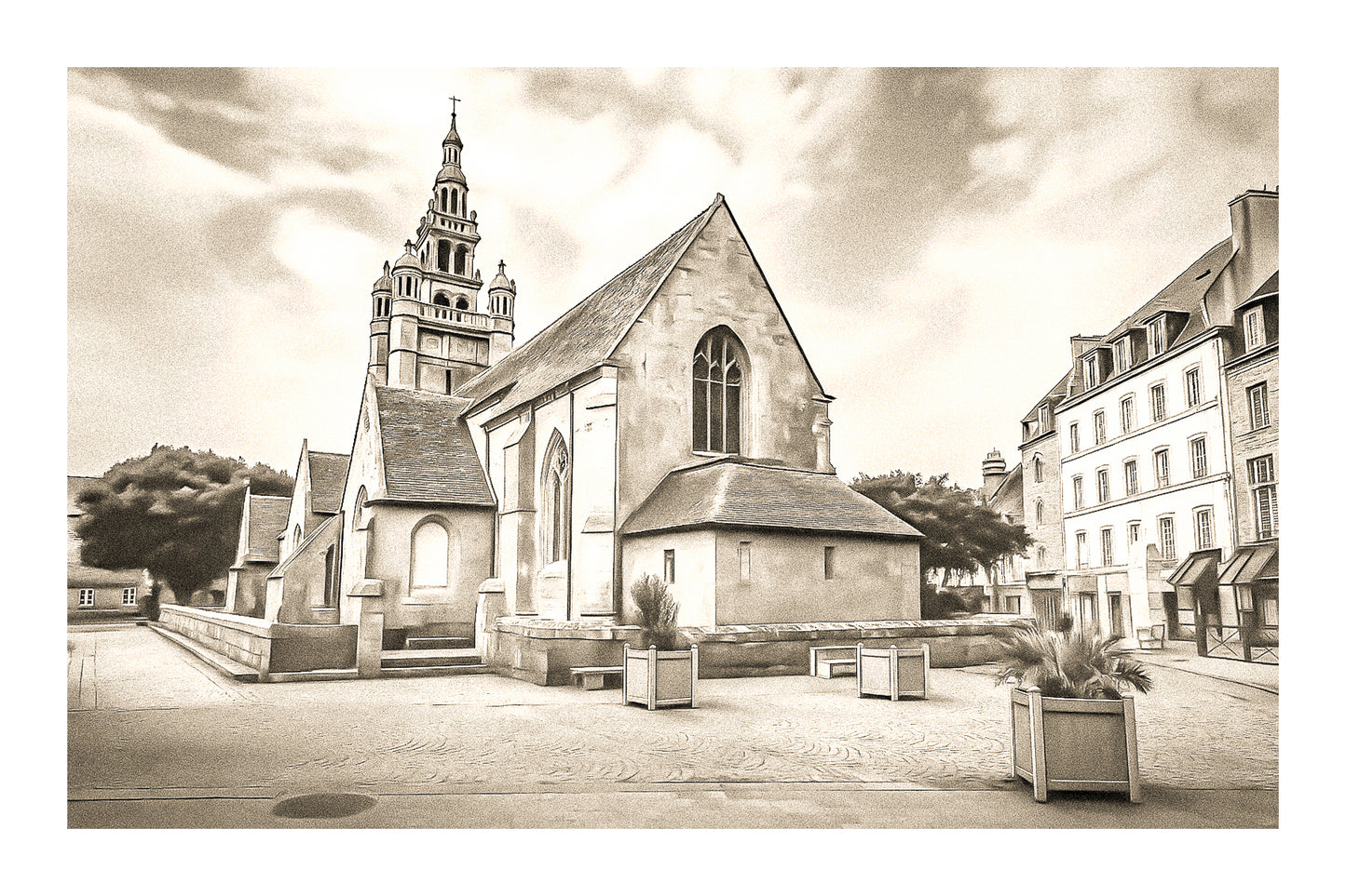 Église Notre-Dame de Croaz-Batz à Roscoff en rendu sépia avec bordure, clocher à lanternons et placette bordée d’immeubles