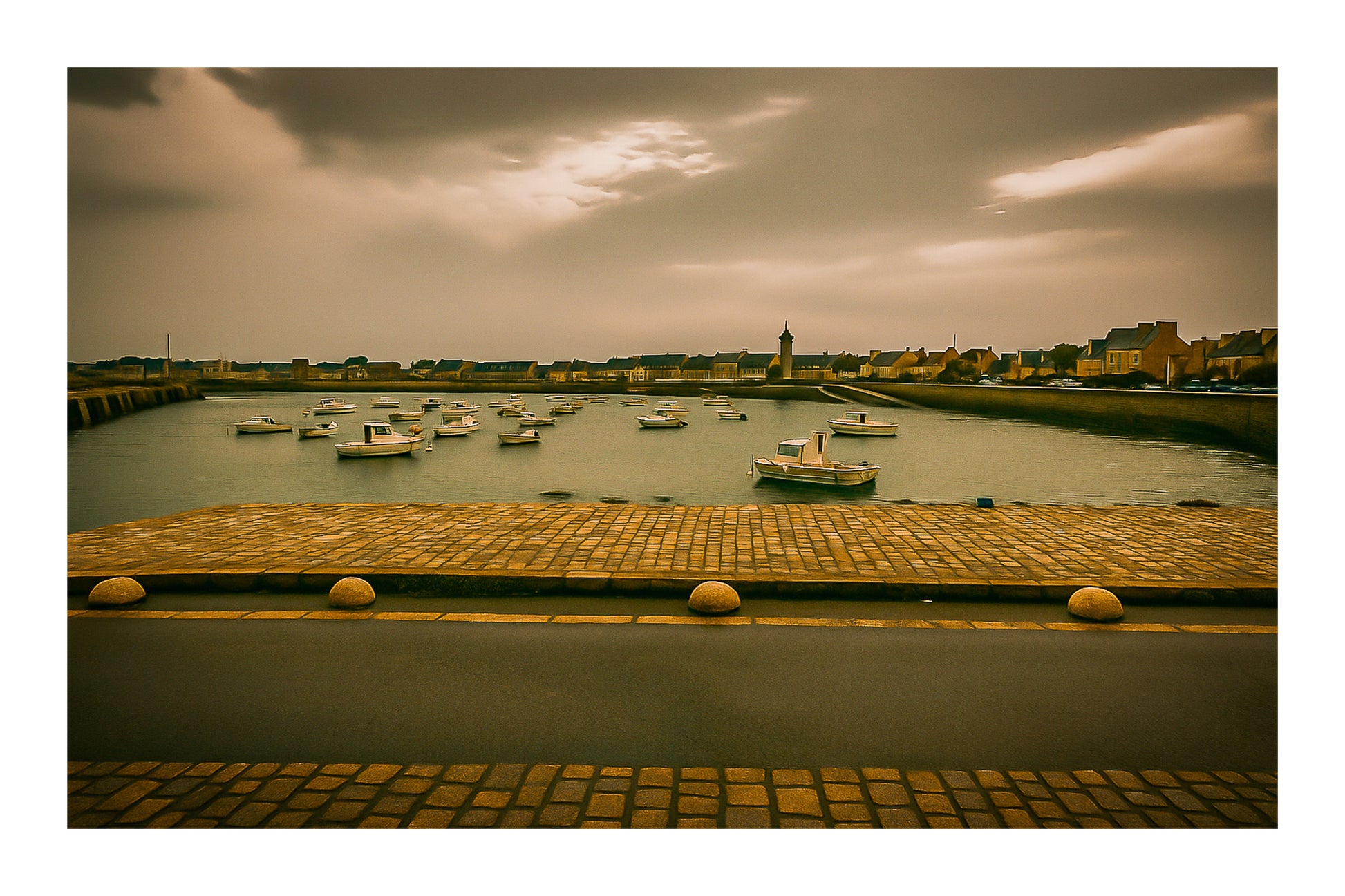 Port de Roscoff, pavés au premier plan, barques au mouillage et môle au loin, couleur avec bordure