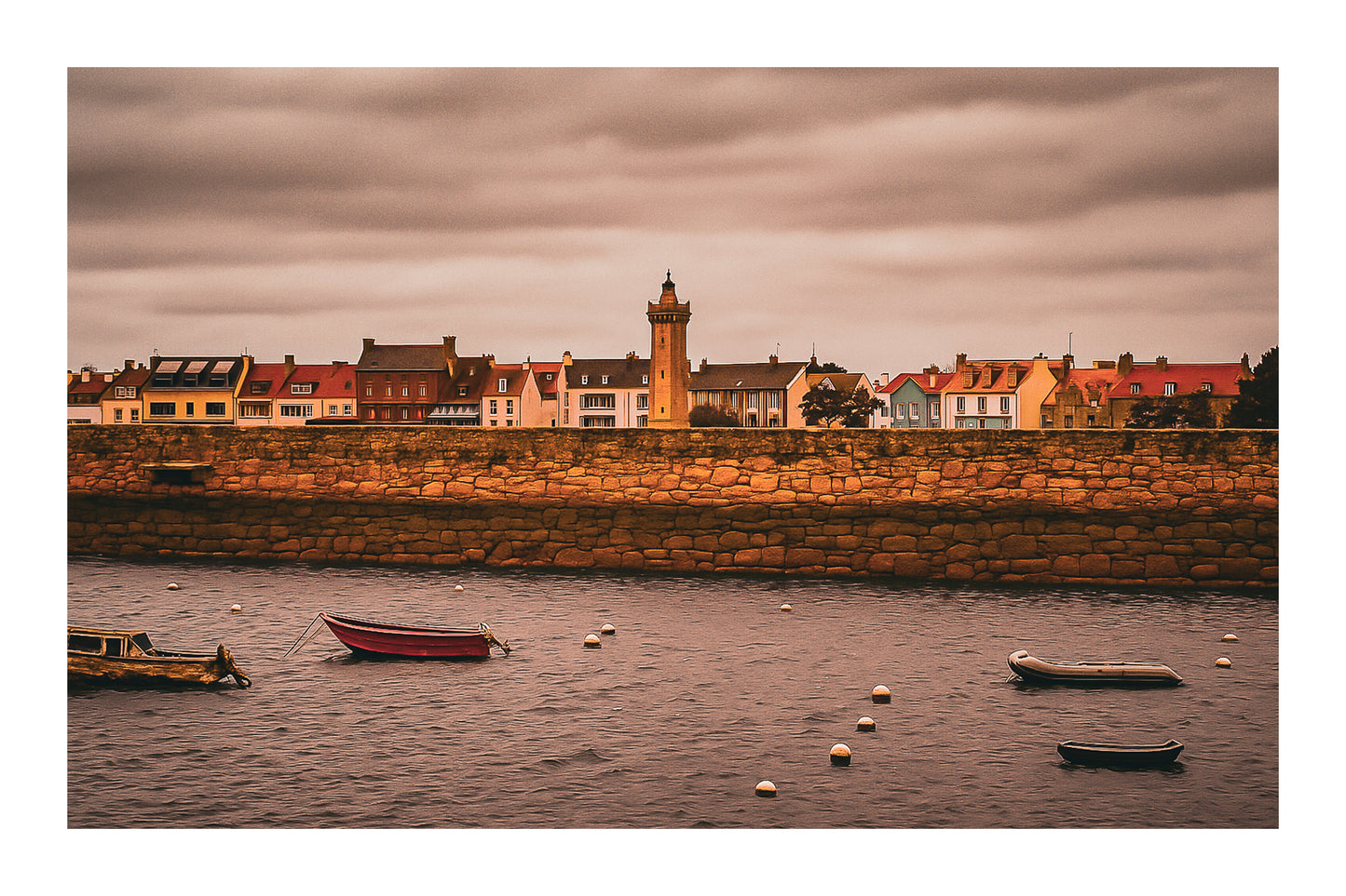 Vue du bassin de Roscoff, jetée en granit, bouées et embarcations avec une tour/clé de clocher en arrière-plan, couleur avec bordure