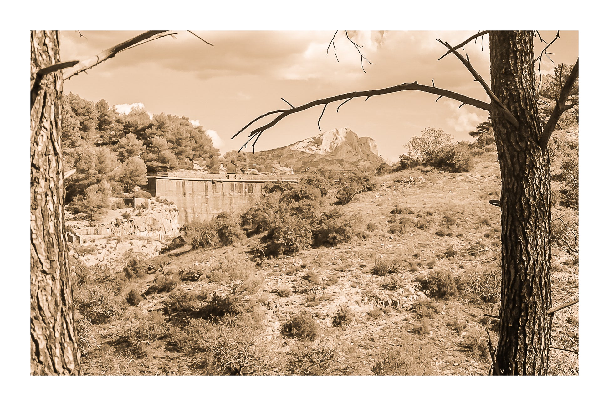 Branches de pins cadrant un paysage de garrigue, barrage de Zola et Sainte-Victoire au loin sous un ciel bleu, vintage avec bordure