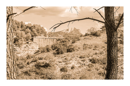 Branches de pins cadrant un paysage de garrigue, barrage de Zola et Sainte-Victoire au loin sous un ciel bleu, vintage avec bordure