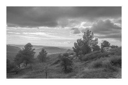 Paysage de garrigue au lever du jour sous de gros nuages, vue sur les collines de la Sainte-Victoire, noir et blanc avec bordure