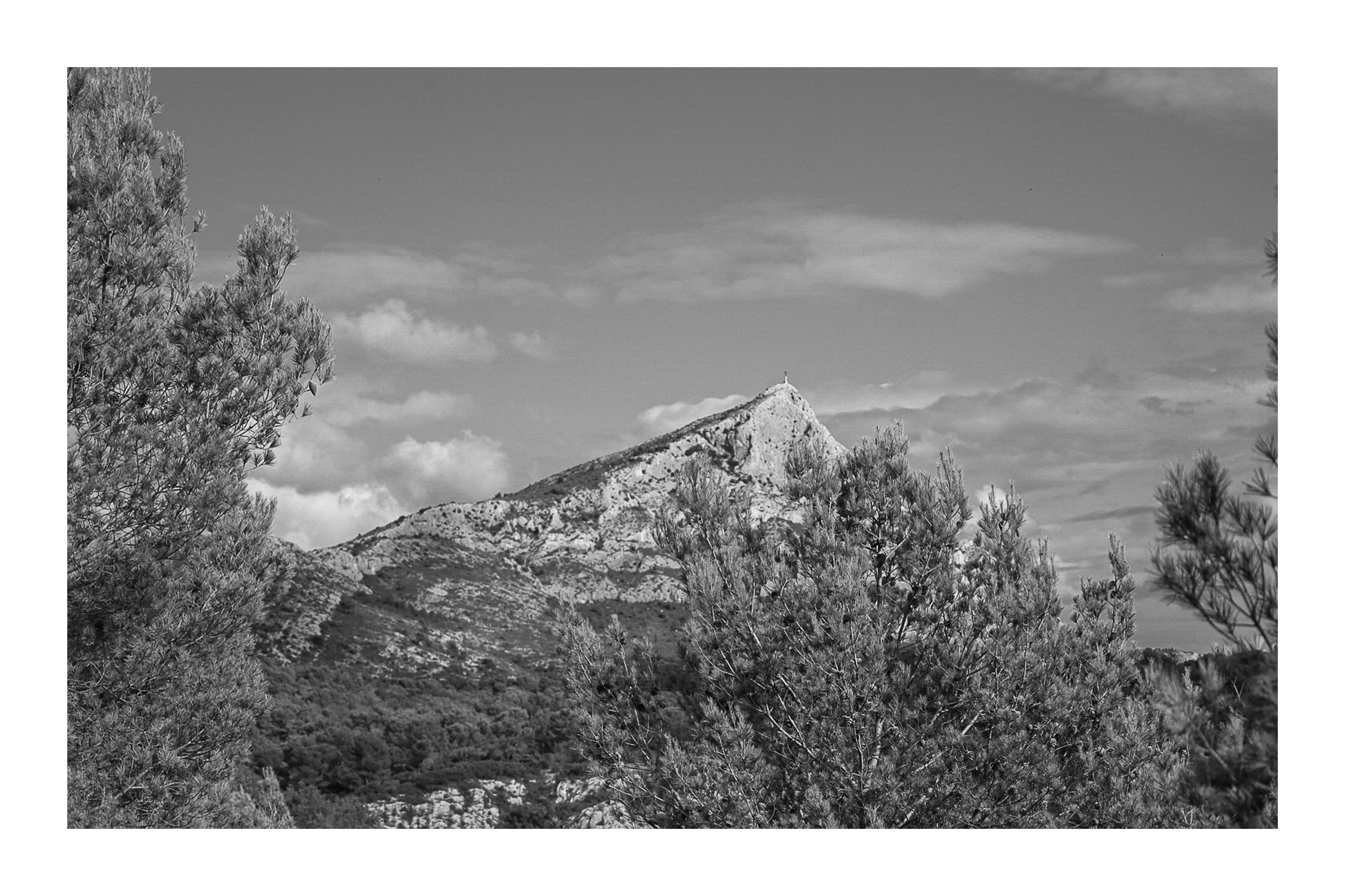 Sommet de la Sainte-Victoire se détachant derrière une forêt de pins sous un ciel bleu nuageux, noir et blanc avec bordure