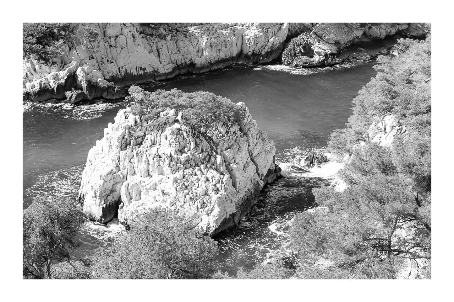 Petit îlot rocheux couvert de pins au centre d’une anse turquoise dans les calanques, noir et blanc avec bordure