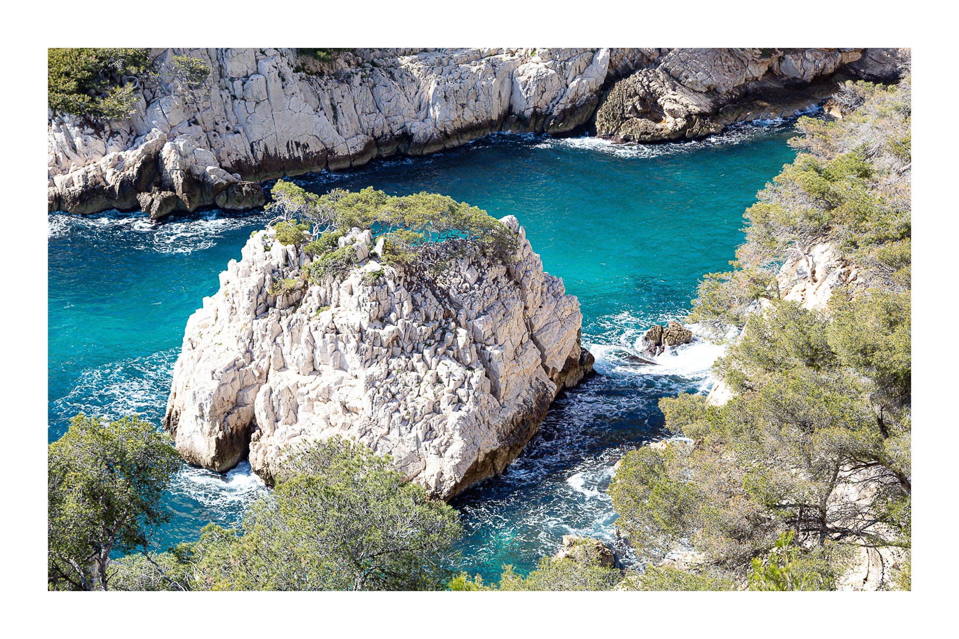 Petit îlot rocheux couvert de pins au centre d’une anse turquoise dans les calanques avec bordure